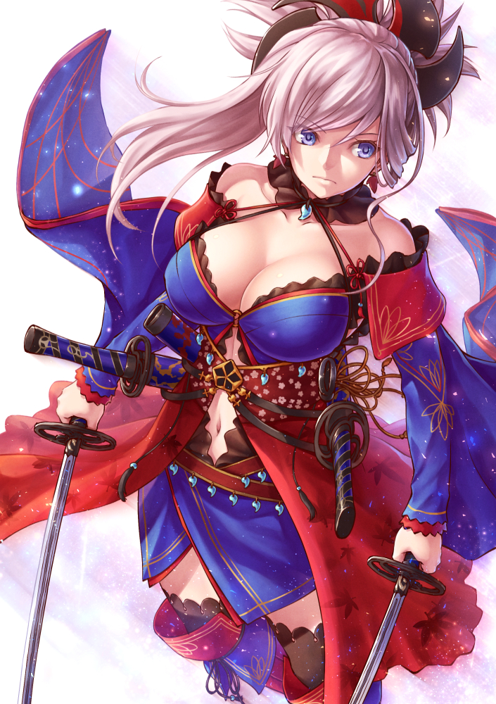 asymmetrical_hair autumn_leaves bare_shoulders black_legwear breasts cleavage closed_mouth dual_wielding earrings eyebrows_visible_through_hair fate/grand_order fate_(series) frown hair_between_eyes halterneck holding holding_sword holding_weapon japanese_clothes jewelry katana large_breasts leaf_print light_particles long_hair magatama midriff miyamoto_musashi_(fate/grand_order) navel pink_hair purple_eyes ryou_(pix_gallerio) sheath solo sword thighhighs weapon zettai_ryouiki