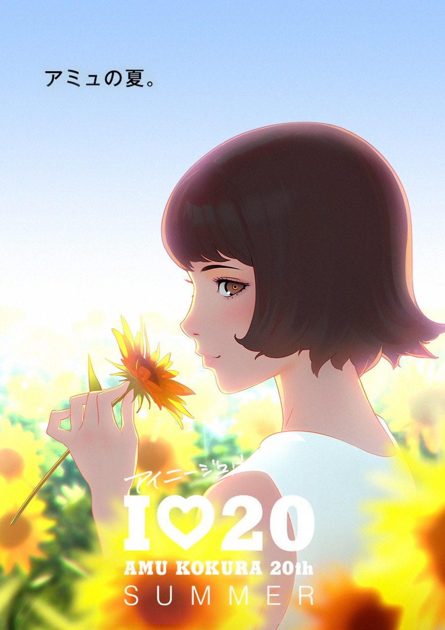 blue_sky blurry blurry_background blurry_foreground brown_eyes brown_hair close-up commentary dress duplicate flower highres ilya_kuvshinov looking_at_viewer looking_back original promotional_art short_hair sky sleeveless smile solo white_dress