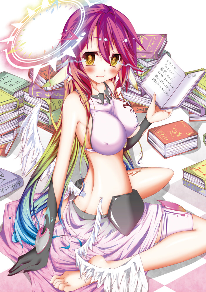 angel_wings blush book breasts commentary_request covered_nipples crop_top earth0 feathered_wings gloves gradient_hair hair_between_eyes halo holding holding_book jibril_(no_game_no_life) large_breasts long_hair looking_at_viewer low_wings magic_circle midriff multicolored_hair no_game_no_life open_book open_mouth pink_hair sideboob sitting smile solo tattoo very_long_hair white_wings wing_ears wings yellow_eyes