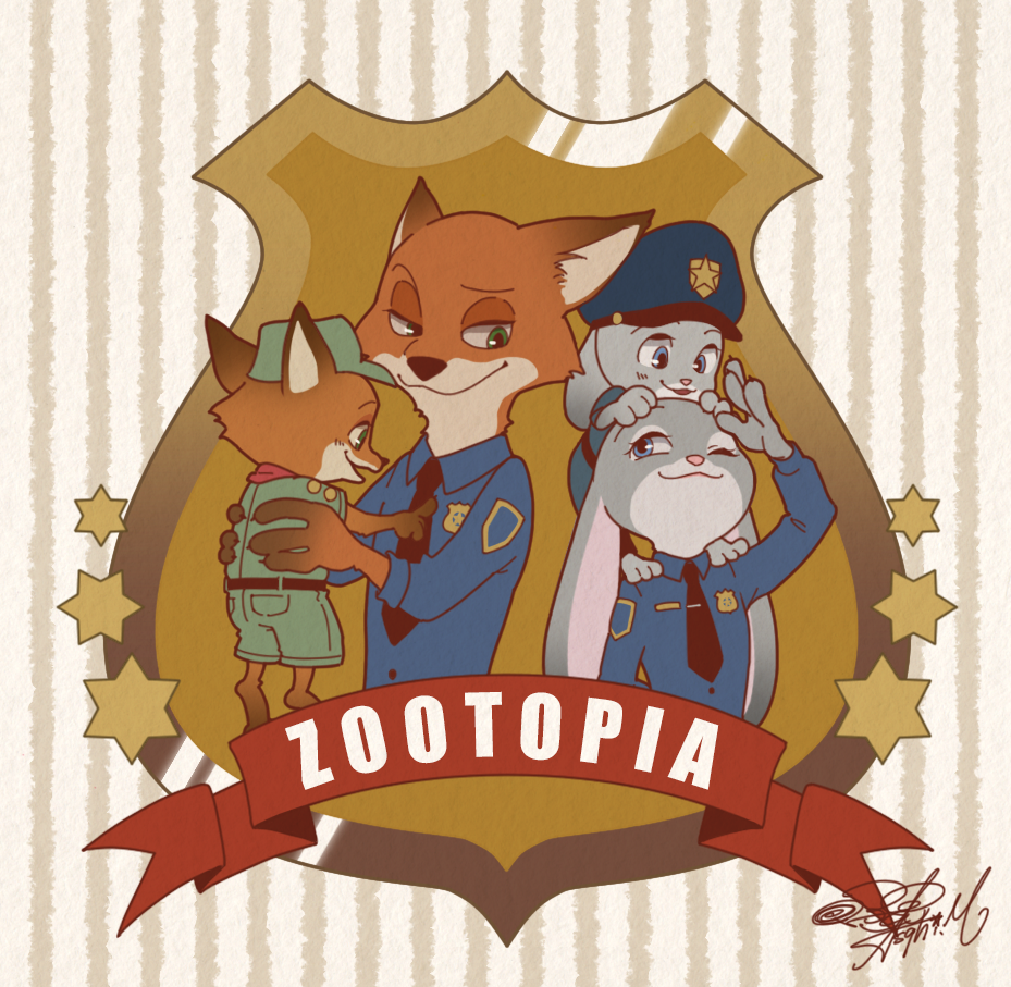 2018 anthro badge blue_eyes canine clothing disney ears_down female fox green_eyes group hat holding_character judy_hopps lagomorph long_ears looking_back male mammal necktie nick_wilde one_eye_closed open_mouth open_smile police police_uniform rabbit smile square_crossover uniform young zootopia ぷぴこ＠修行中