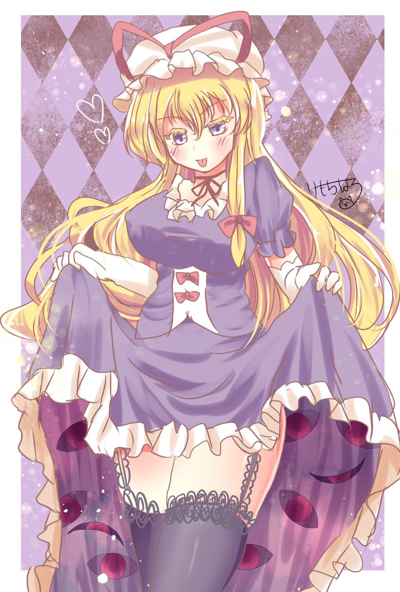 1girl argyle argyle_background bangs black_background blonde_hair blue_dress blue_eyes blush breasts collar cowboy_shot cutout dress elbow_gloves erect_nipples eyes flares frilled_collar frilled_dress frills gloves hair_between_eyes hair_ribbon hat hat_ribbon heart highres holding_skirt image_sample kemo_chiharu large_breasts legs_together long_hair looking_at_viewer mob_cap neck_ribbon puffy_short_sleeves puffy_sleeves purple_background red_eyes red_ribbon ribbon short_hair short_sleeves signature skirt skirt_lift solo thick_eyebrows thighhighs thighs tongue tongue_out touhou twitter_sample two-tone_background white_gloves yakumo_yukari