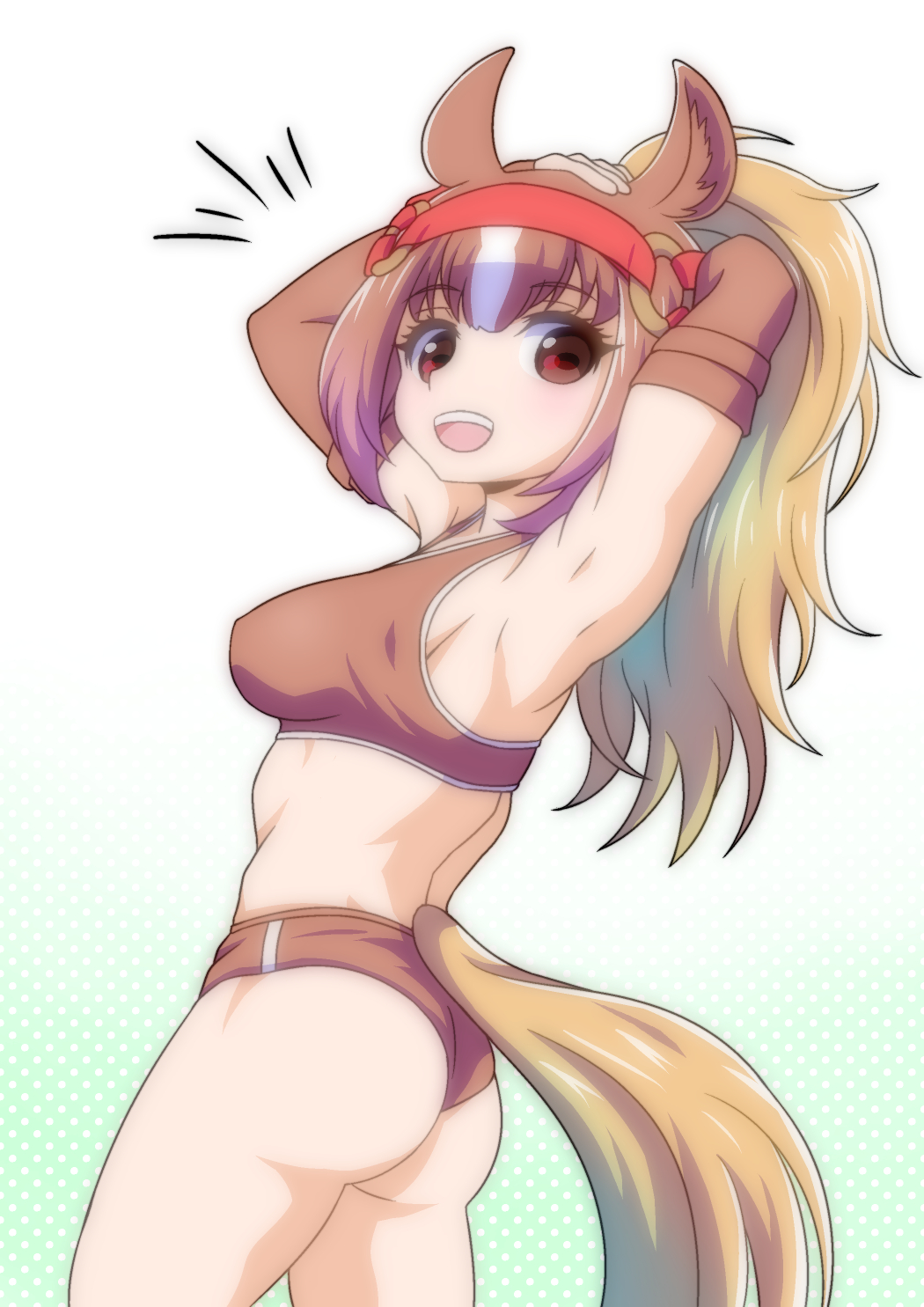 animal_ears arm_behind_head armpits arms_up ass back bangs blonde_hair breasts bridle brown_eyes brown_hair brown_sports_bra buruma chestnut_thoroughbred_(kemono_friends) cowboy_shot dotted_background elbow_gloves eyebrows_visible_through_hair gloves hand_on_own_head highres horse_ears horse_girl horse_tail kemono_friends long_hair looking_at_viewer looking_back medium_breasts midriff multicolored_hair open_mouth ponytail quatre_aaaa sidelocks simple_background single_vertical_stripe smile solo sports_bra sportswear standing stomach tail white_background white_hair
