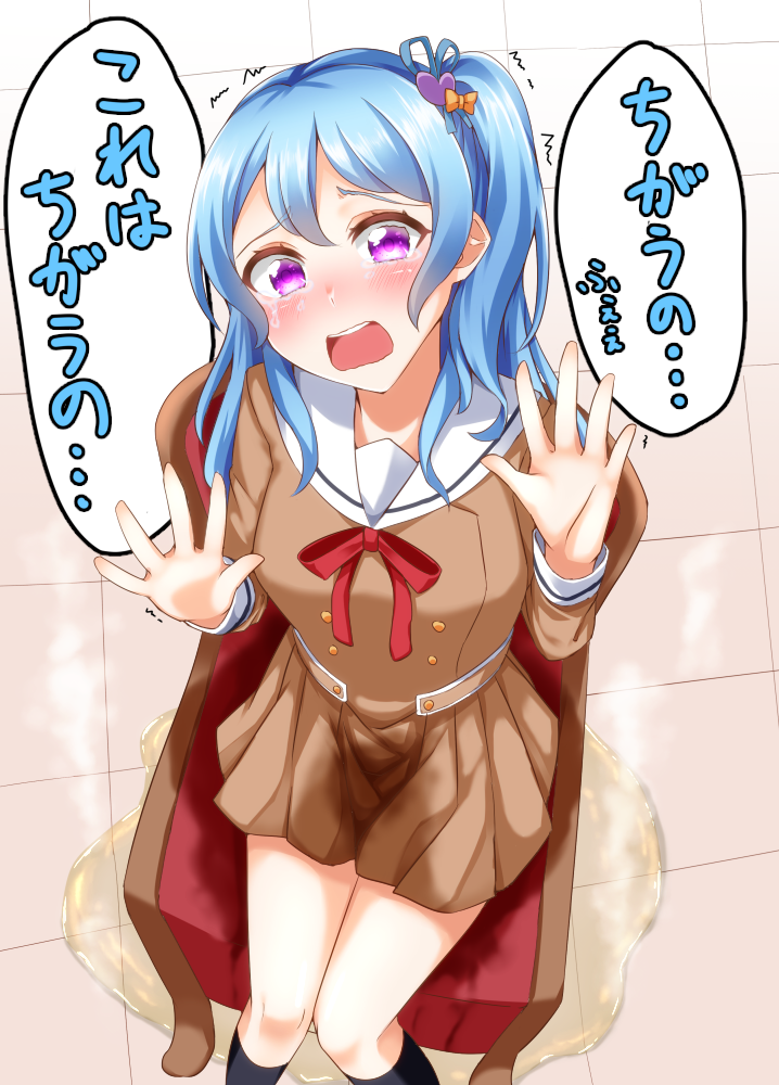 1girl bang_dream! black_legwear blue_hair blush breasts brown_dress chair crying dress embarrassed female from_above hair_ornament hands_up heart japanese_text kneehighs knees_together_feet_apart kurokaoka long_sleeves looking_at_viewer looking_up matsubara_kanon neck_ribbon open_mouth peeing peeing_self pleated_dress puddle purple_eyes red_neckwear red_ribbon ribbon school_uniform side_ponytail sitting small_breasts solo speech_bubble steam talking tears teeth text_focus tied_hair translation_request trembling uniform wet_clothes