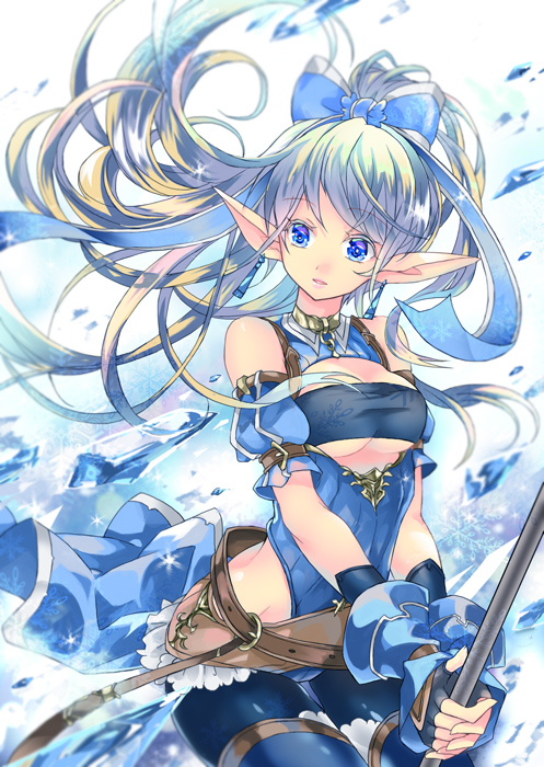 bahamut_lagoon belt black_gloves black_legwear blue_bow blue_eyes bow breasts cleavage_cutout earrings ecatrina elf fingerless_gloves gloves hair_bow holding holding_staff ice jewelry long_hair medium_breasts pointy_ears silver_hair solo staff standing thighhighs touka_(jue) underboob