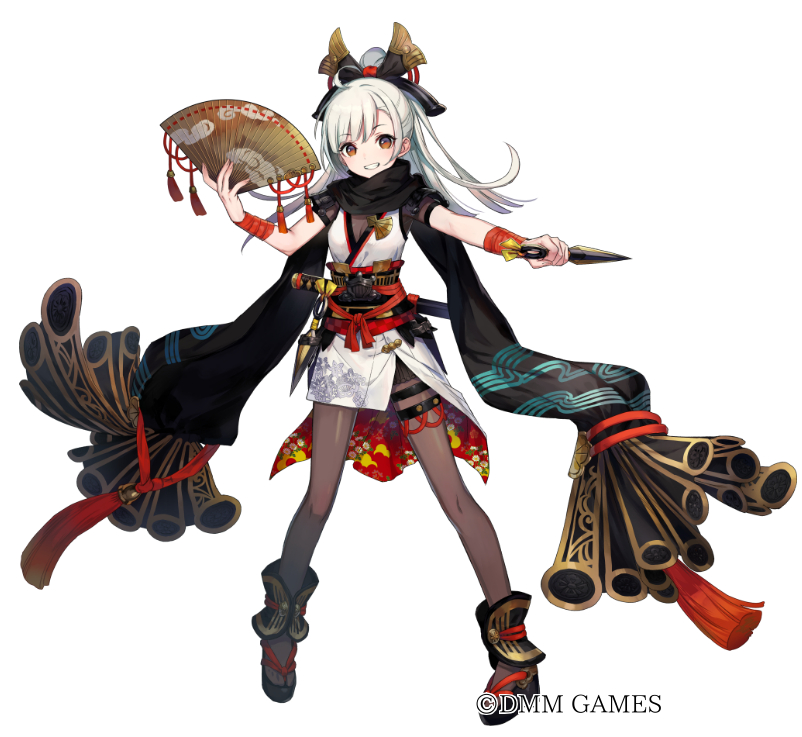 azutarou black_scarf brown_eyes brown_legwear fan full_body hair_ornament high_ponytail kunai long_hair looking_at_viewer official_art oshiro_project oshiro_project_re pantyhose paper_fan sandals scarf sheath sheathed sogou_(oshiro_project) solo standing thigh_strap weapon white_hair