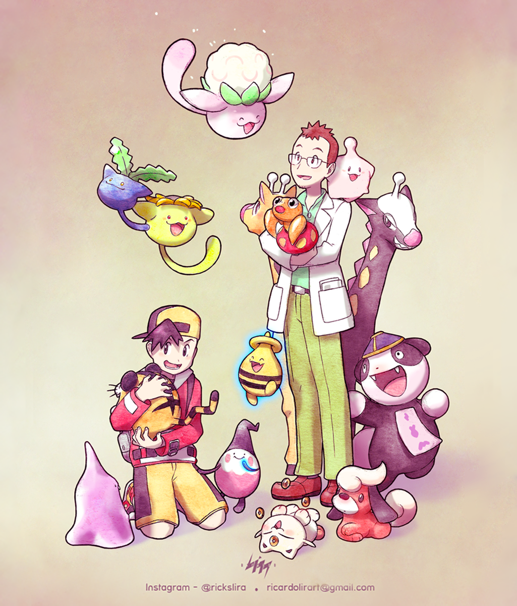 :d animon backwards_hat ballerina_(pokemon) baseball_cap bear black_hair brown_background brown_hair cleffa_(beta) commentary creature elebaby english_commentary evil_smile fangs girafarig_(beta) glasses gold_(pokemon) haneko_(pokemon) happy hat highres holding holding_pokemon jiangshi kneeling koonya kotora_(pokemon) kyonpan labcoat long_sleeves lying multiple_boys multiple_heads on_back open_mouth pans para_(pokemon) pokemon pokemon_(creature) pokemon_gsc_beta poponeko pudii rickslira shoes smile standing tumblr_username utsugi_(pokemon)