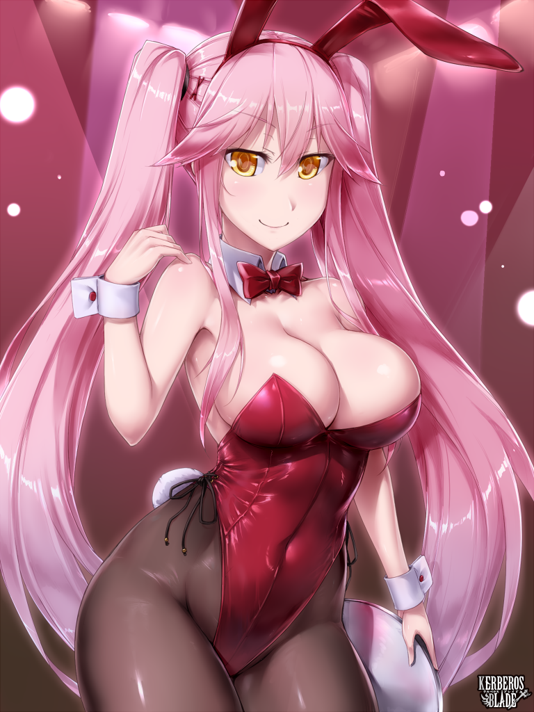 animal_ears black_legwear bow bowtie breasts bunny_ears bunny_girl bunny_tail bunnysuit character_request cleavage cocytus_(wind_master) cowboy_shot detached_collar kerberos_blade large_breasts leotard long_hair looking_at_viewer pantyhose pink_hair red_leotard red_neckwear smile solo strapless strapless_leotard tail wrist_cuffs yellow_eyes