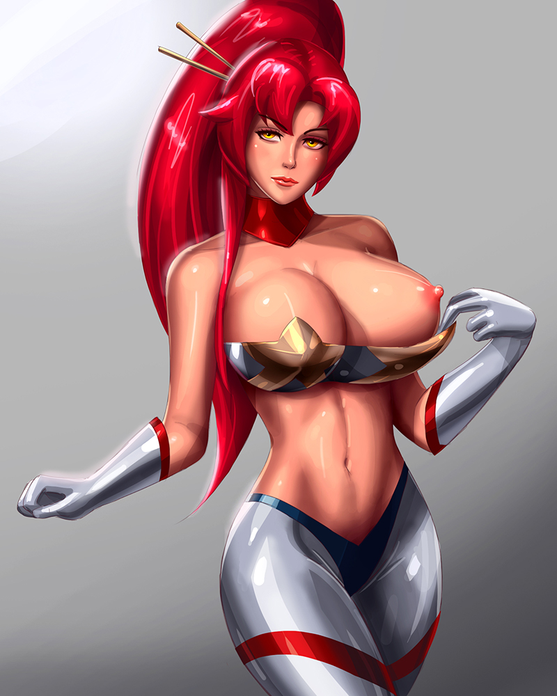 1girl areolae bare_shoulders bra breasts breasts_outside collar gloves hair_ornament hair_piece large_breasts long_hair looking_at_viewer navel nipples ponytail red_hair solo space_yoko standing svoidist tengen_toppa_gurren_lagann thighs tights yellow_eyes yoko_littner