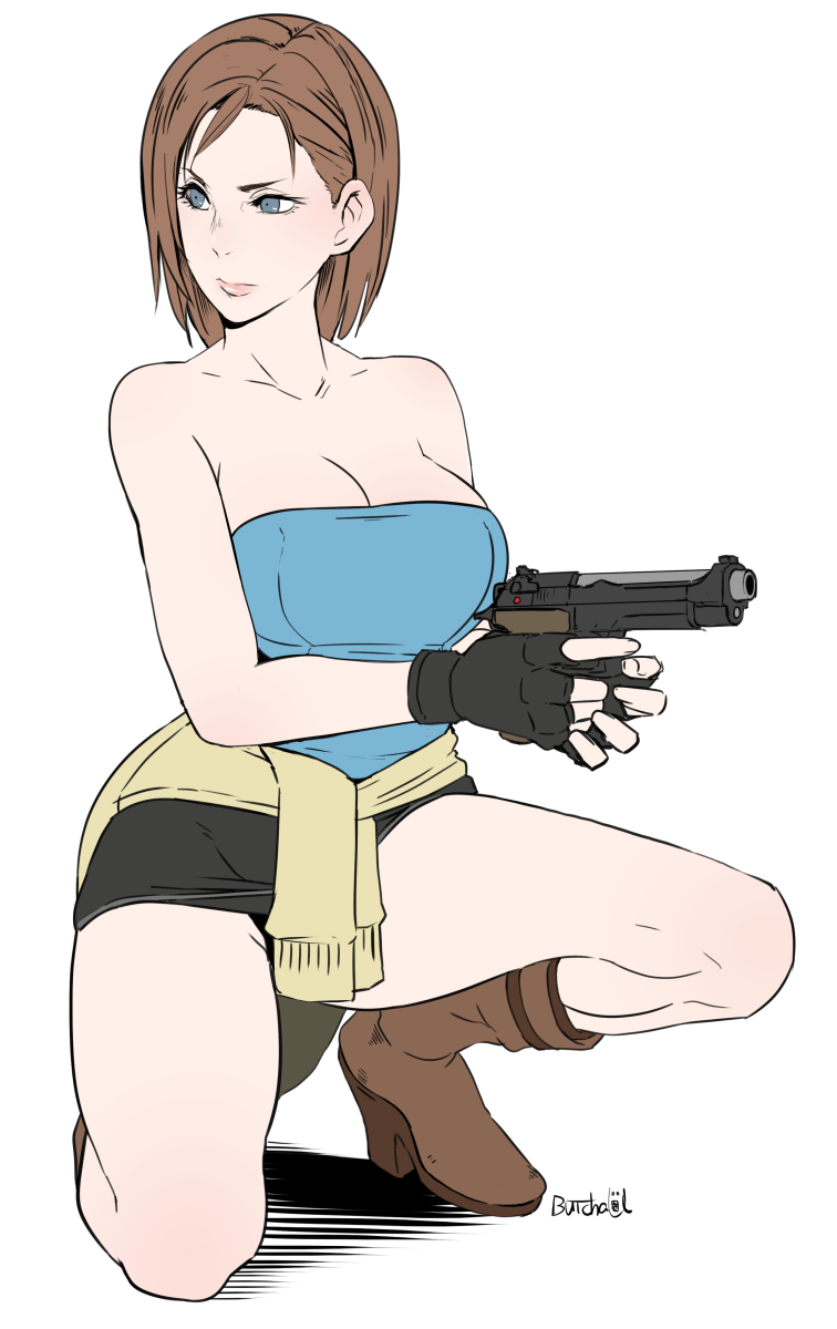 bad_proportions boots breasts brown_hair butcha-u casual cleavage clothes_around_waist commentary_request fingerless_gloves flat_color gloves grey_eyes gun handgun highres jill_valentine large_breasts one_knee pencil_skirt pistol resident_evil resident_evil_3 short_hair skirt solo strapless sweater_around_waist weapon white_background