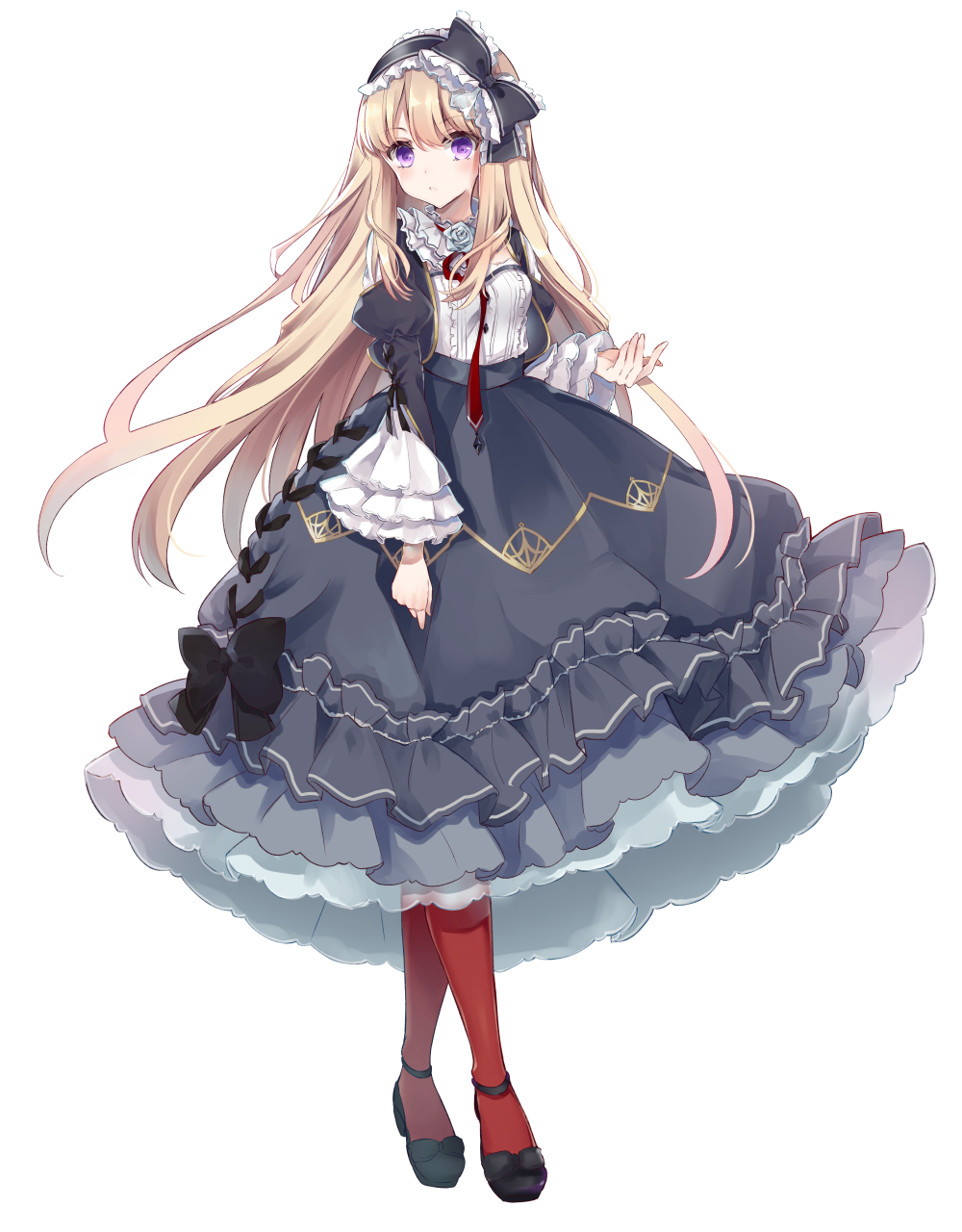 black_bow black_dress black_footwear black_hairband blonde_hair bow breasts copyright_request dress frills full_body gothic_lolita hair_bow hairband highres kisaragi_yuri lolita_fashion long_hair long_sleeves looking_at_viewer official_art pantyhose puffy_sleeves purple_eyes red_legwear shoes small_breasts solo standing very_long_hair