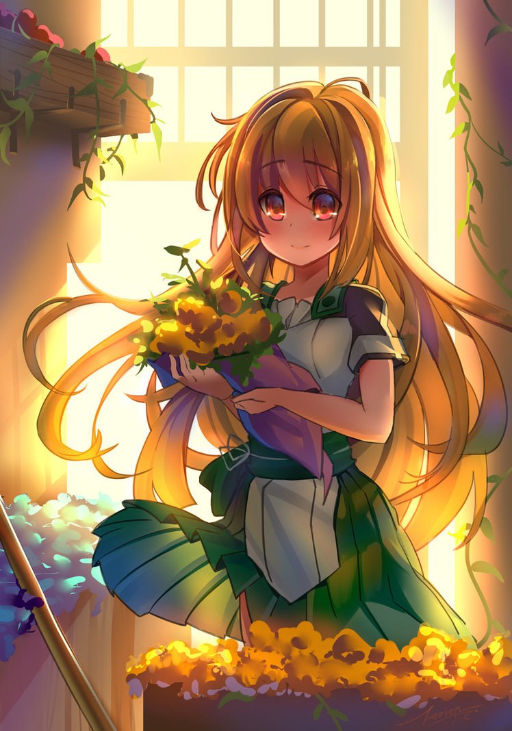 ahoge backlighting bangs blonde_hair blush borrowed_character bouquet commentary dress english_commentary eyebrows_visible_through_hair flower flower_bed green_skirt hair_between_eyes holding long_hair orange_eyes original plant pleated_skirt short_sleeves signature skirt smile solo sunlight very_long_hair vines window yellow_flower zerion
