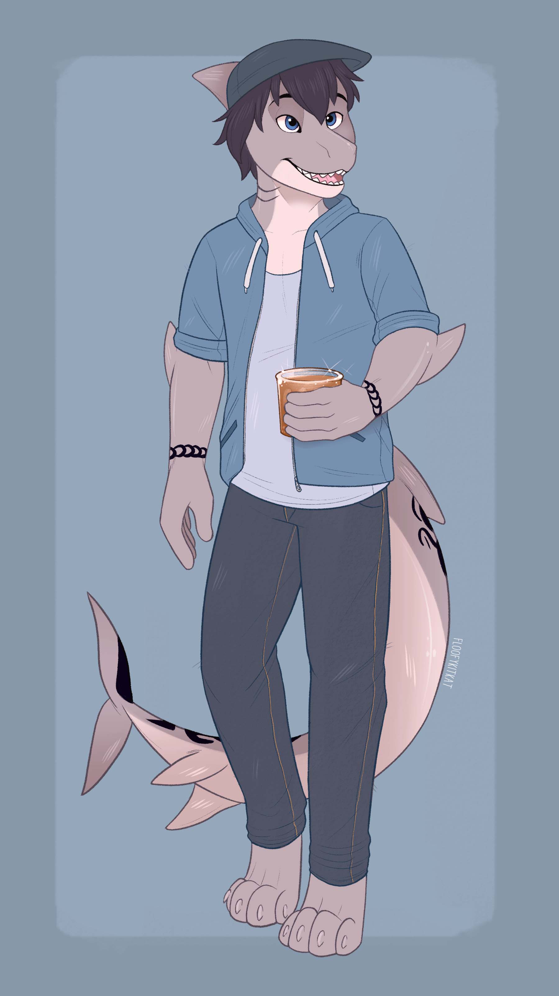 2018 alcohol anthro barefoot beverage clothed clothing digital_media_(artwork) fish floofykitkat hair hat jacket ka'eo_&oacute;_coile&aacute;in male marine open_mouth pants shark shirt simple_background smile solo standing