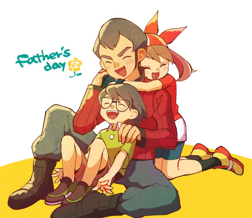 2boys bandana brown_hair family father's_day father_and_daughter father_and_son flower glasses green_shirt haruka_(pokemon) hug hug_from_behind kneeling long_sleeves masato_(pokemon) multiple_boys pokemon pokemon_(anime) pokemon_ag senri_(pokemon) shirt short_sleeves shorts simple_background sitting soha_(yacht) white_background