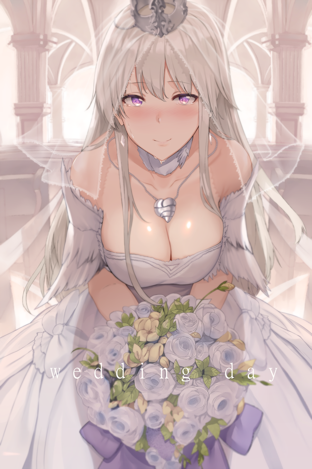 azur_lane bangs bare_shoulders blush bouquet breasts bridal_veil bride cleavage closed_mouth collarbone commentary crown crying crying_with_eyes_open detached_collar dress enterprise_(azur_lane) flower hair_between_eyes hews_hack highres jewelry large_breasts long_hair looking_at_viewer necklace purple_eyes sidelocks silver_hair smile solo symbol_commentary tears veil wedding_dress white_dress