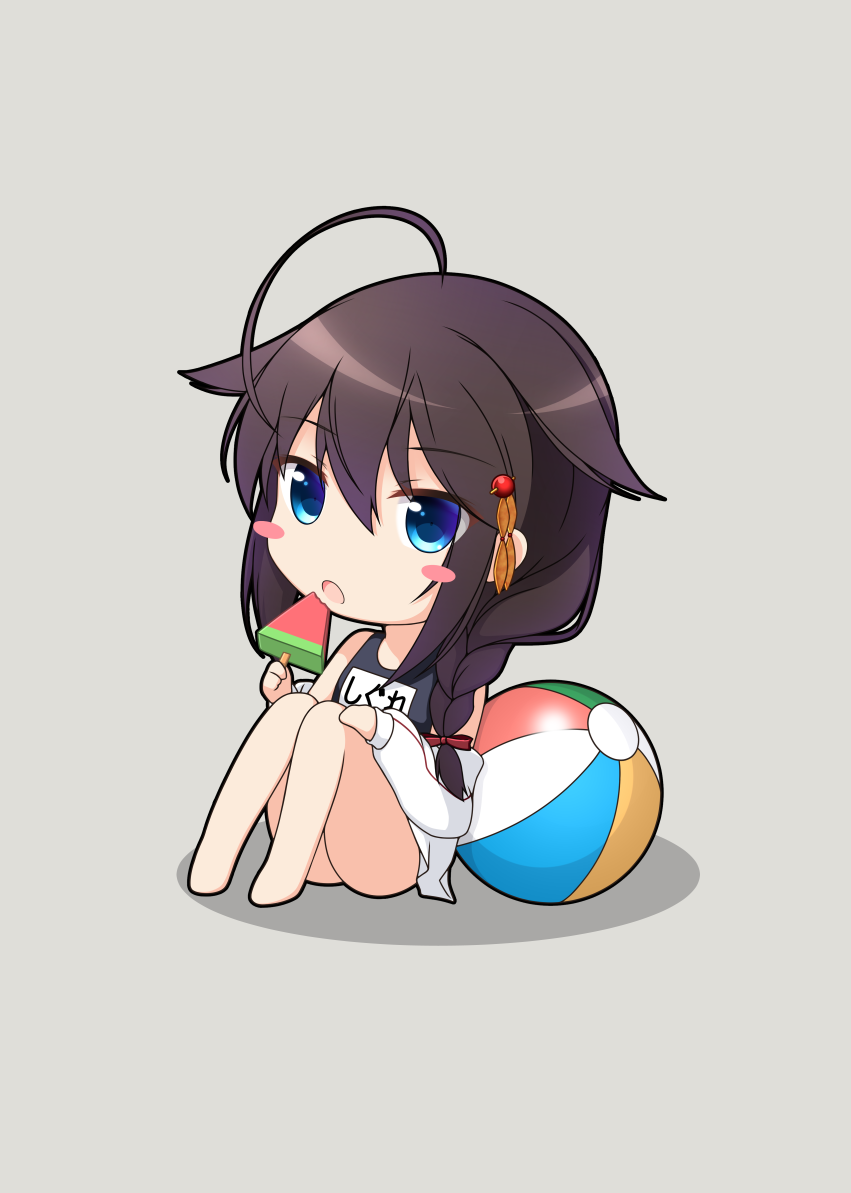 ahoge ball beachball black_hair blue_eyes blue_swimsuit blush_stickers braid chibi eating eyebrows_visible_through_hair food grey_background hair_between_eyes hair_flaps hair_over_shoulder jacket kantai_collection long_hair name_tag open_clothes open_jacket open_mouth popsicle remodel_(kantai_collection) school_swimsuit shigure_(kantai_collection) shirasawa_kazane simple_background single_braid sitting solo swimsuit watermelon_bar white_jacket