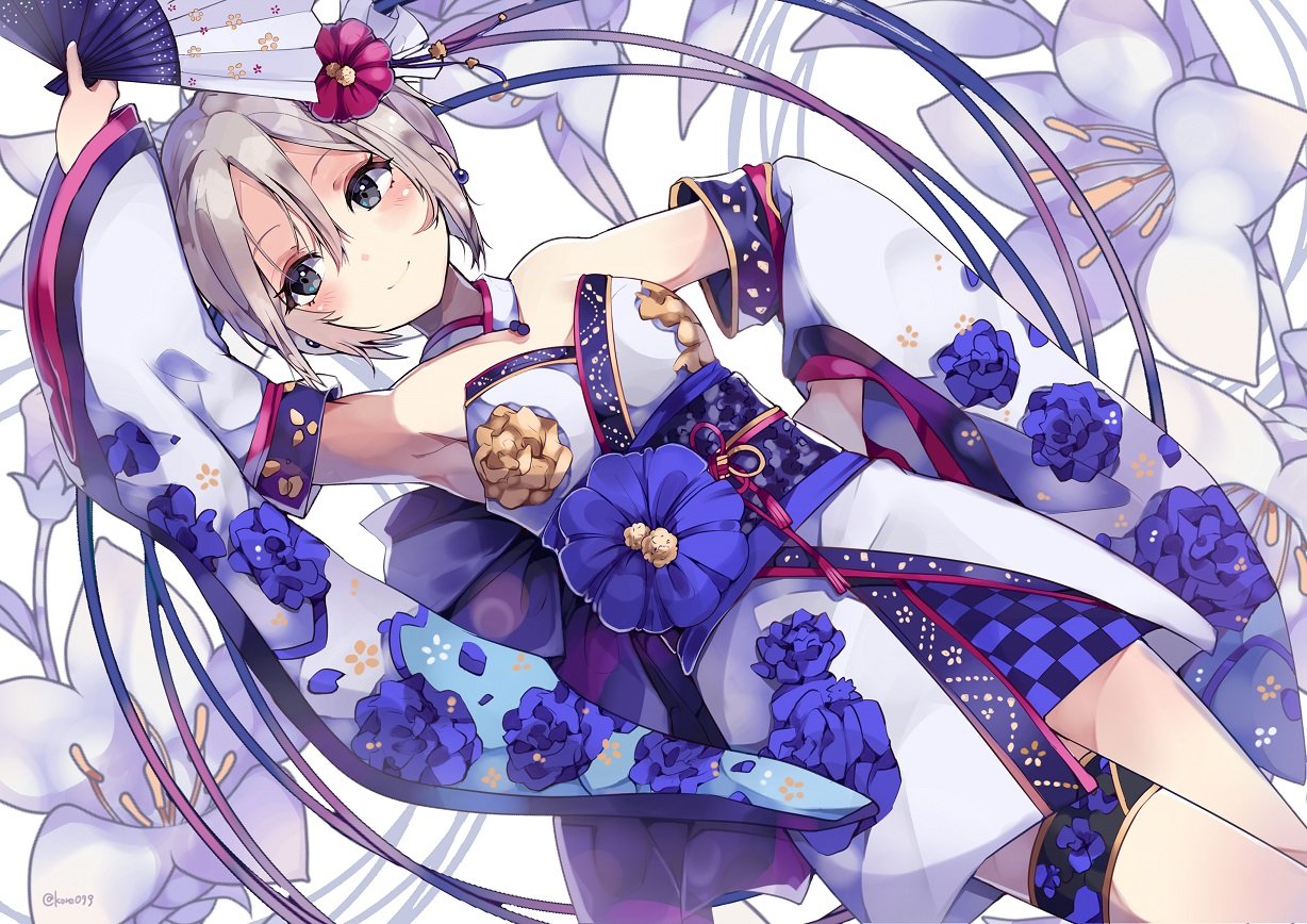 arm_up armpits arms_up bangs bare_shoulders blush breasts choker closed_mouth cowboy_shot detached_sleeves earrings fan floral_background floral_print flower folding_fan grey_eyes grey_hair hair_between_eyes hair_ornament hanakanzarashi hand_on_hip holding holding_fan idolmaster idolmaster_cinderella_girls idolmaster_cinderella_girls_starlight_stage japanese_clothes jewelry kimono long_sleeves looking_away medium_breasts obi sash shiomi_shuuko short_hair smile solo strapless thigh_strap wide_sleeves