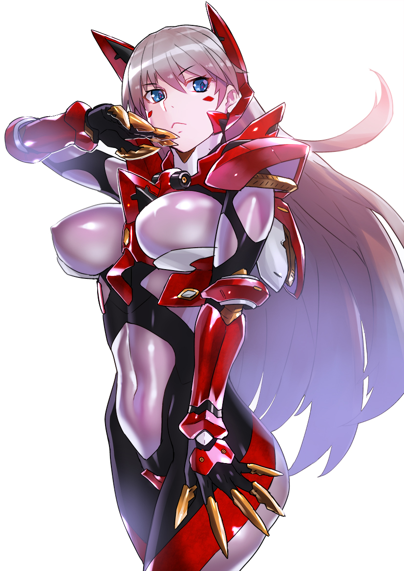 blue_eyes blush bodysuit breasts closed_mouth commentary_request covered_nipples cowboy_shot eyebrows_visible_through_hair facial_mark gauntlets headgear jack_hamster large_breasts legs_together long_hair looking_at_viewer mecha_musume multicolored multicolored_bodysuit multicolored_clothes original shiny shiny_clothes shiny_hair shiny_skin silver_hair simple_background skin_tight solo standing white_background