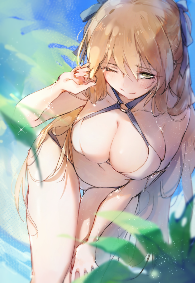 alternate_costume ass_visible_through_thighs bangs blue_sky blush breasts brown_hair cleavage closed_mouth day eyebrows_visible_through_hair girls_frontline green_eyes hair_between_eyes hair_ribbon hair_rings half-closed_eye hand_in_hair hand_on_leg hand_up large_breasts leaning_forward light_particles long_hair looking_at_viewer m1903_springfield_(girls_frontline) navel o-ring o-ring_top one_eye_closed outdoors palm_leaf ribbon shuzi sidelocks sky smile solo stomach swimsuit thigh_gap water_drop wet