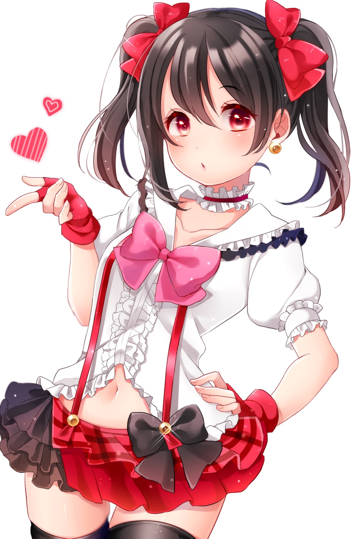 black_bow black_hair black_legwear black_skirt bokura_wa_ima_no_naka_de bow bowtie center_opening choker collarbone cowboy_shot earrings fingerless_gloves frilled_choker frilled_shirt_collar frilled_skirt frills gloves hair_bow hand_on_hip heart highres jewelry looking_at_viewer love_live! love_live!_school_idol_project miniskirt navel pink_neckwear red_bow red_eyes red_gloves red_skirt short_sleeves shuga_(0329tixi) simple_background skirt solo suspender_skirt suspenders thigh_gap thighhighs twintails white_background yazawa_nico