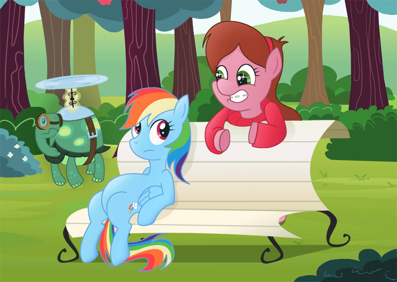 2013 alternate_species animated bench blue_feathers blue_fur braces brown_hair clothing crossover cutie_mark disney duo equine eyewear feathered_wings feathers female feral friendship_is_magic fur goggles gravity_falls green_eyes hair low_res mabel_pines mammal markmak multicolored_hair multicolored_tail my_little_pony outside pegasus plant ponification purple_eyes purple_fur rainbow_dash_(mlp) rainbow_hair rainbow_tail reptile scalie shrub sitting smile sweater tank_(mlp) tortoise tree turtle wings
