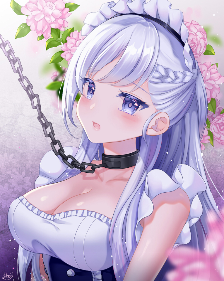 artist_name azur_lane belfast_(azur_lane) blue_eyes blush braid breasts chain cleavage collar collarbone dress floral_background flower large_breasts long_hair looking_at_viewer maid maid_headdress naomi_(fantasia) open_mouth signature silver_hair sleeveless solo tareme upper_body
