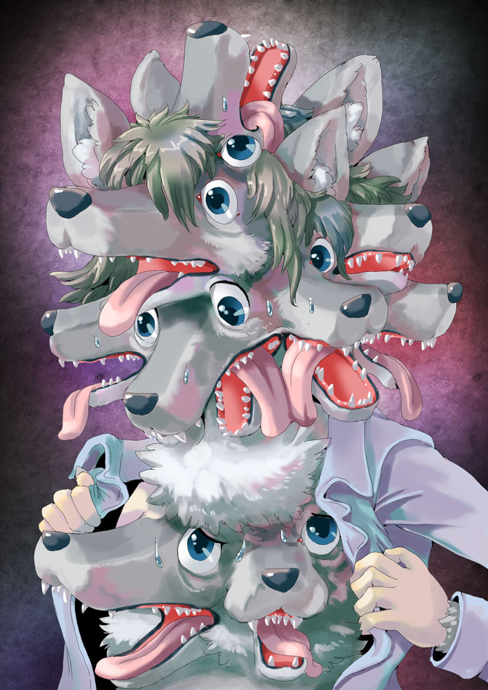 animal_humanoid anthro bizarre blue_eyes canine cerberus chest_tuft clothed clothing dog dog_humanoid edmol fear forced forced_transformation human_to_anthro humanoid jacket male mammal monster multi_ear multi_eye multi_face multi_head multi_snout mutation nightmare_fuel open_jacket open_mouth open_shirt scared shocked snout solo stomach_mouth surprise sweat sweatdrop tongue tongue_out transformation tuft unbuttoned what what_has_science_done wide_eyed wolf wolf_humanoid worried