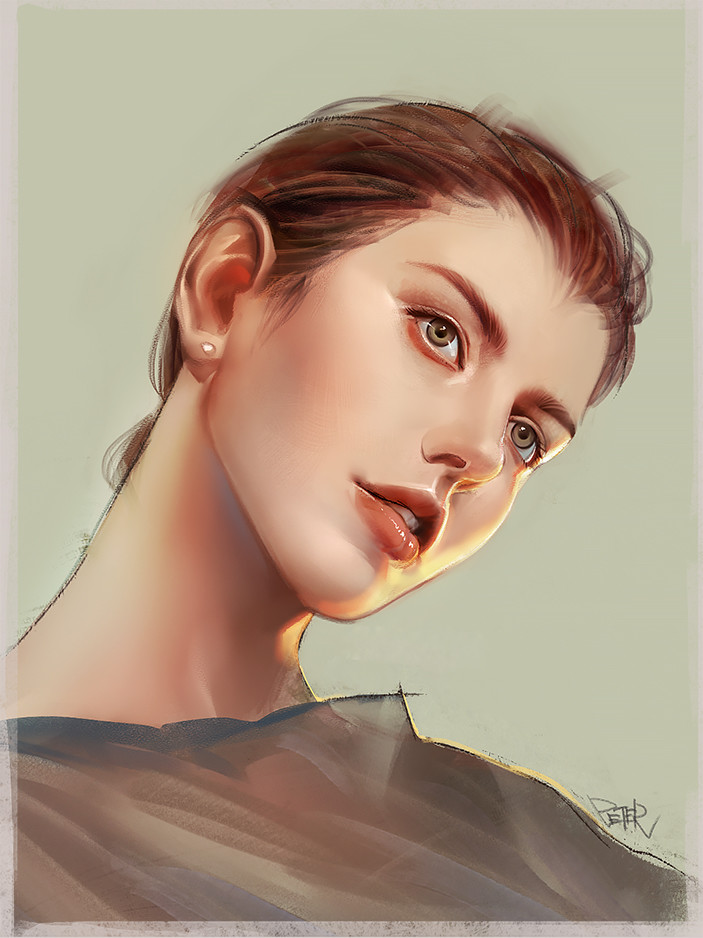 artist_name blush brown_hair commentary earrings english_commentary green_background grey_eyes head_tilt jewelry looking_away parted_lips peter_xiao short_hair solo