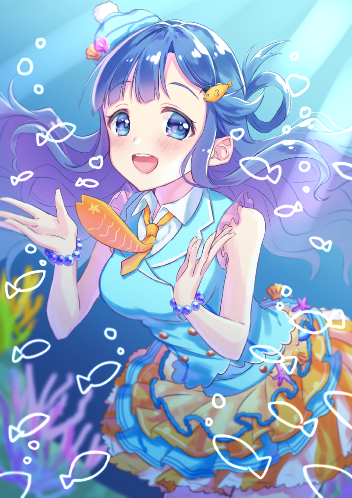 :d anoa asari_nanami bangs bare_arms bare_shoulders bead_bracelet beads blue_eyes blue_hair blue_hat blue_shirt blue_skirt blurry blush bracelet breasts bubble collared_shirt commentary_request coral depth_of_field double-breasted dress_shirt eyebrows_visible_through_hair fish_hair_ornament floating_hair hair_ornament hair_rings hands_up hat idolmaster idolmaster_cinderella_girls jewelry layered_skirt light_rays long_hair looking_at_viewer medium_breasts multicolored multicolored_clothes multicolored_skirt necktie open_mouth orange_neckwear orange_skirt parted_bangs pom_pom_(clothes) shell shiny shiny_hair shirt sidelocks skirt sleeveless sleeveless_shirt smile solo starfish submerged sunlight tareme underwater upper_teeth wavy_hair white_shirt wing_collar