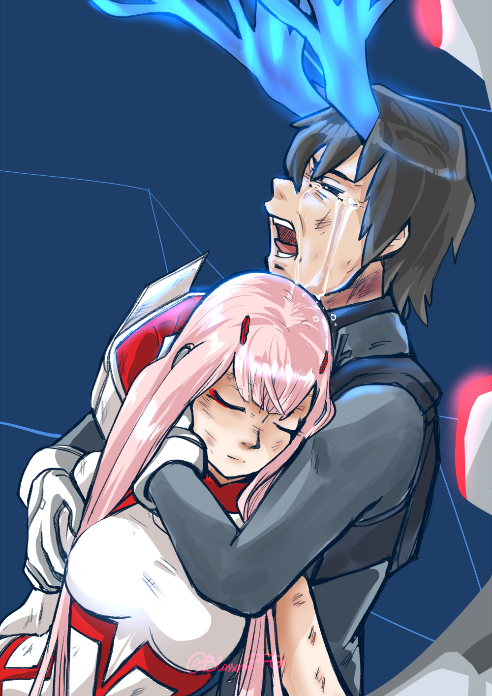 1girl bangs black_hair blossomppg blue_horns bodysuit breasts broken_horn closed_eyes commentary couple crying darling_in_the_franxx english_commentary hand_on_another's_arm hand_on_another's_face hetero highres hiro_(darling_in_the_franxx) horns hug hug_from_behind long_hair long_horns medium_breasts oni_horns pink_hair red_horns signature tears torn_bodysuit torn_clothes zero_two_(darling_in_the_franxx)