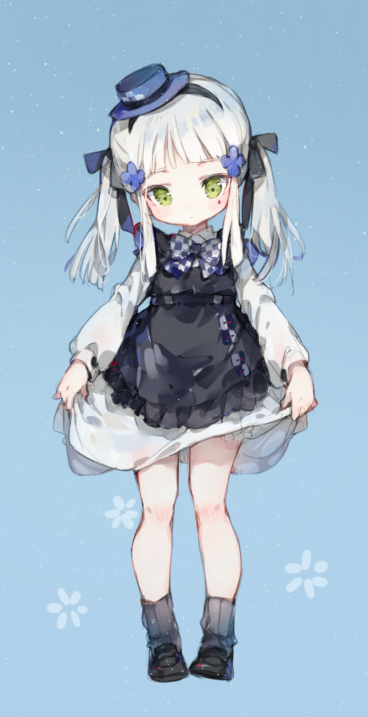 alternate_costume alternate_hairstyle bangs black_ribbon blue_background blue_hat blush bow bowtie checkered checkered_neckwear child closed_mouth dress dress_lift eyebrows_visible_through_hair facial_mark girls_frontline green_eyes hair_ornament hair_ribbon hairband hat head_tilt highres hk416_(girls_frontline) light_particles loafers long_hair looking_at_viewer ribbed_legwear ribbon shoes shuzi sidelocks silver_hair socks solo teardrop twintails