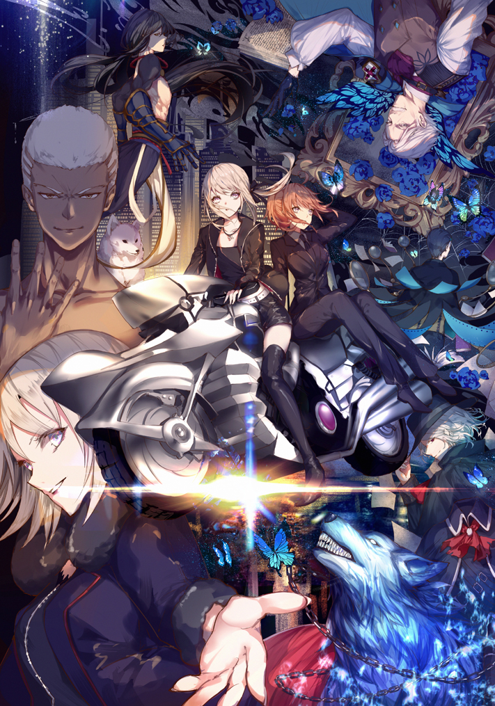 5boys ahoge artoria_pendragon_(all) black_footwear black_hair black_hat black_jacket black_neckwear black_pants black_ribbon black_shirt black_shorts blonde_hair boots bug butterfly dark_skin edmond_dantes_(fate/grand_order) emiya_alter fate/grand_order fate_(series) floating_hair formal fujimaru_ritsuka_(female) grey_shirt ground_vehicle hair_ribbon hand_on_head hat hessian_(fate/grand_order) insect jacket james_moriarty_(fate/grand_order) jeanne_d'arc_(alter)_(fate) jeanne_d'arc_(fate)_(all) jewelry kinokohime lobo_(fate/grand_order) long_hair looking_at_viewer motor_vehicle multiple_boys multiple_girls necklace necktie open_clothes open_jacket outstretched_arm pant_suit pants parted_lips pixiv_fate/grand_order_contest_2 ponytail red_eyes ribbon riding saber_alter shirt short_hair short_shorts shorts silver_eyes silver_hair smile suit thigh_boots thighhighs very_long_hair wolf yan_qing_(fate/grand_order) yellow_eyes