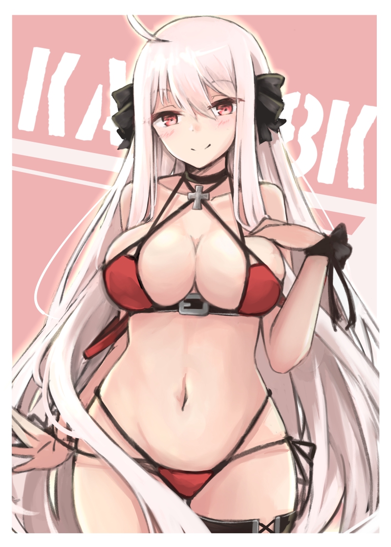 ahoge alternate_costume bangs belt bikini black_choker black_ribbon blush boots breasts character_name choker cleavage closed_mouth collarbone commentary_request cross_choker eyebrows_visible_through_hair girls_frontline hair_between_eyes hair_ornament hair_ribbon hakuya_(white_night) hand_on_own_chest iron_cross kar98k_(girls_frontline) large_breasts long_hair looking_at_viewer navel open_mouth red_bikini red_eyes ribbon side-tie_bikini simple_background skindentation smile solo swimsuit thigh_boots thighhighs very_long_hair white_hair wrist_ribbon