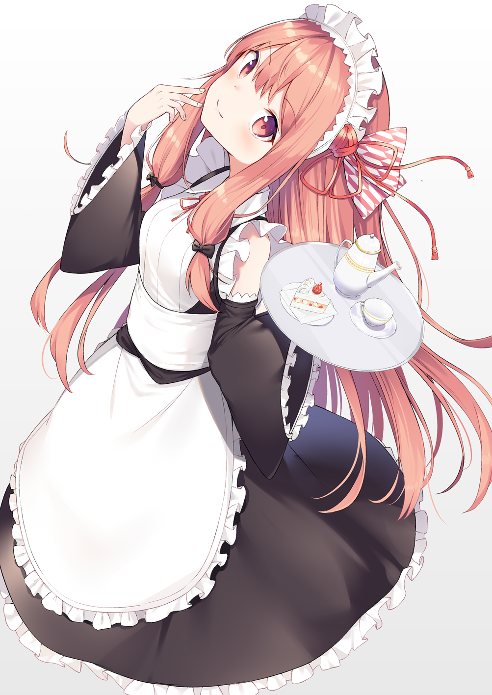 apron bangs bare_shoulders black_bow black_dress blush bow cake closed_mouth cup detached_sleeves dress eyebrows_visible_through_hair fingernails food frilled_apron frilled_dress frilled_sleeves frills fruit gradient gradient_background hair_bow head_tilt highres holding kotonoha_akane long_hair long_sleeves looking_at_viewer maid_apron maid_headdress napkin pink_eyes pink_hair plate saucer smile solo straight_hair strawberry teacup teapot very_long_hair voiceroid wa_maid waist_apron white_apron wide_sleeves yukarite