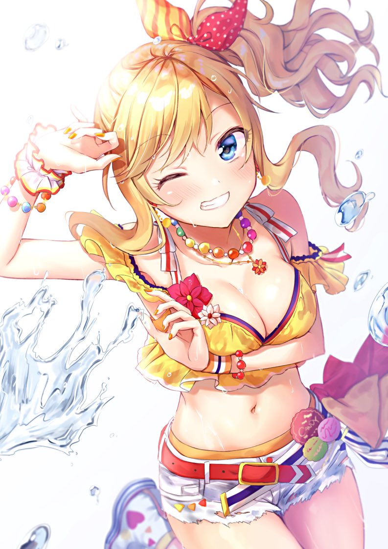 anoa arm_up bangs bead_bracelet bead_necklace beads belt belt_buckle blonde_hair blue_eyes blurry blush bow bracelet breasts buckle cleavage collarbone commentary_request cowboy_shot crop_top denim denim_shorts depth_of_field earrings eyebrows_visible_through_hair floating_hair from_above grin hair_bow hand_up heart idolmaster idolmaster_cinderella_girls idolmaster_cinderella_girls_starlight_stage jewelry leg_up long_hair looking_at_viewer medium_breasts midriff multicolored_bow navel necklace one_eye_closed ootsuki_yui orange_neckwear polka_dot polka_dot_bow red_belt red_bow shiny shiny_hair shiny_skin shirt short_shorts shorts side_ponytail sidelocks simple_background sleeveless sleeveless_shirt smile solo standing stomach striped striped_bow swept_bangs water water_drop wavy_hair wet wet_clothes wet_hair white_background white_footwear white_shorts wrist_cuffs wristband yellow_bow yellow_shirt