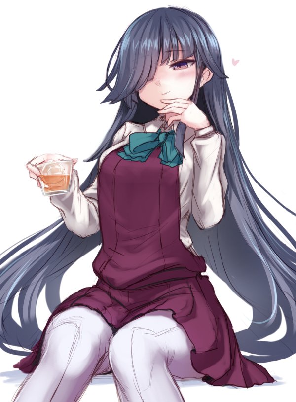alcohol bangs black_hair blush breasts closed_mouth collar dress glass hair_over_one_eye hand_on_own_chin hayashimo_(kantai_collection) heart kantai_collection long_hair long_sleeves medium_breasts pantyhose pleated_dress purple_dress purple_eyes school_uniform shirt simple_background sitting smile swept_bangs utopia very_long_hair white_background white_legwear white_shirt