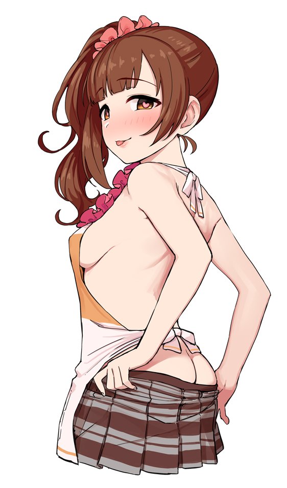 :p apron ass bare_arms bare_back bare_shoulders blush breasts brown_eyes brown_hair brown_skirt butt_crack eyebrows_visible_through_hair from_behind hair_ornament hair_scrunchie heart heart-shaped_pupils idolmaster idolmaster_cinderella_girls igarashi_kyouko looking_at_viewer looking_back naked_apron no_panties omaru_gyuunyuu orange_apron pleated_skirt red_scrunchie scrunchie side_ponytail sideboob simple_background skirt solo symbol-shaped_pupils tongue tongue_out undressing white_apron white_background