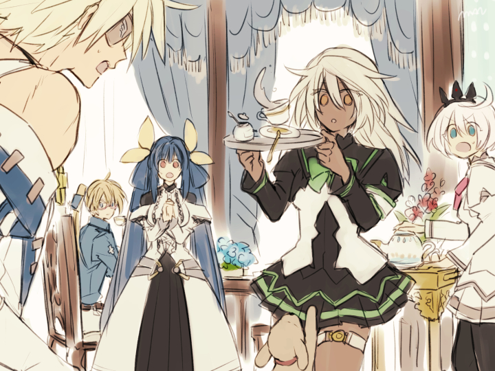 blue_eyes blue_hair blush commentary_request dark_skin dizzy dog elphelt_valentine eyepatch father_and_son glasses guilty_gear jewelry ky_kiske long_hair maka_(morphine) mother_and_son necklace orange_eyes ponytail ramlethal_valentine school_uniform short_hair siblings sin_kiske sisters spoilers tea tray white_hair