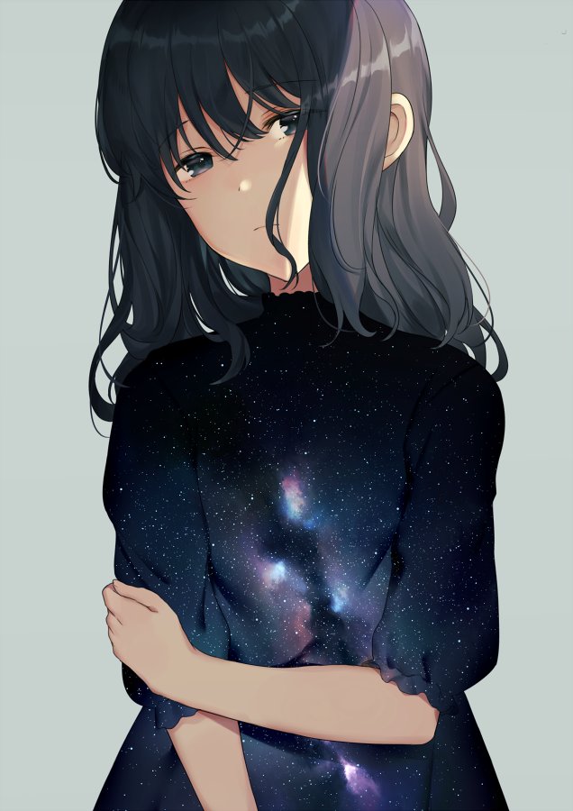 achiki blouse brown_eyes brown_hair commentary_request grey_background hand_on_own_arm looking_at_viewer medium_hair original simple_background sky solo space_print star_(sky) starry_sky starry_sky_print