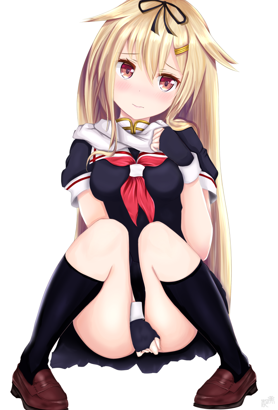 ass bangs between_legs black_gloves black_legwear black_ribbon black_serafuku blonde_hair blush breasts brown_footwear clenched_hands closed_mouth commentary covering covering_crotch embarrassed fingerless_gloves gloves hair_between_eyes hair_flaps hair_ornament hair_ribbon hairclip hand_between_legs head_tilt highres kantai_collection kneehighs loafers long_hair looking_at_viewer medium_breasts mito_ichijyo neckerchief pleated_skirt red_eyes red_neckwear remodel_(kantai_collection) ribbon scarf school_uniform serafuku shoes short_sleeves sidelocks signature simple_background sitting skindentation skirt smile solo thighs white_background yuudachi_(kantai_collection)