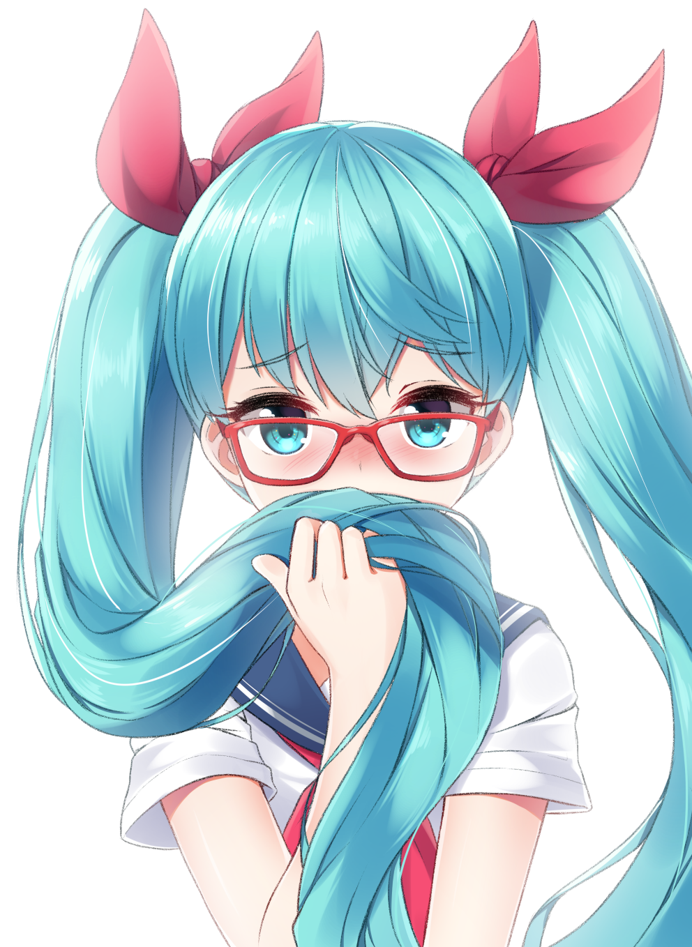 bangs blue_eyes blue_hair blush bow eyebrows_visible_through_hair glasses hair_between_eyes hair_bow hair_over_mouth hatsune_miku highres holding holding_hair long_hair looking_at_viewer mk82_(hoonsyh) neckerchief red-framed_eyewear red_bow red_neckwear shirt short_sleeves solo twintails upper_body very_long_hair vocaloid white_shirt