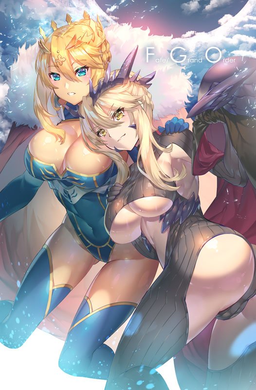 aguy armpits artoria_pendragon_(all) artoria_pendragon_(lancer) artoria_pendragon_(lancer_alter) ass blonde_hair blue_eyes blue_legwear blush braid breasts cape cleavage cleavage_cutout cloud cloudy_sky commentary_request crown dark_persona eyebrows_visible_through_hair fate/grand_order fate_(series) french_braid fur-trimmed_cape fur_trim grin hair_between_eyes hand_on_another's_shoulder large_breasts leotard multiple_girls navel red_cape sidelocks sky smile stomach underboob yellow_eyes