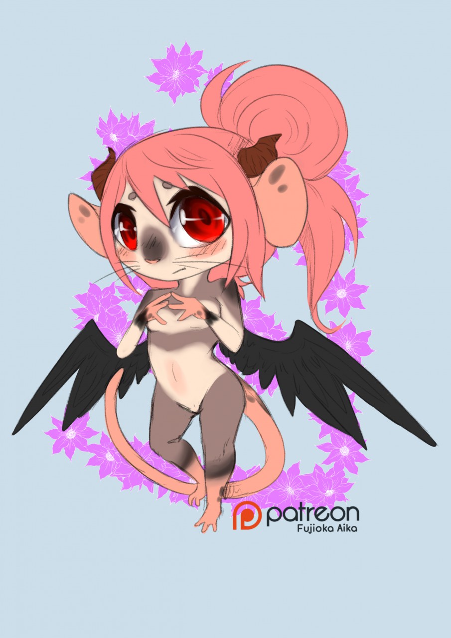 anthro blush chibi cute demon featureless_crotch female fujioka_aika fujiokaaika hi_res looking_at_viewer mammal nude rat rodent signature solo wings