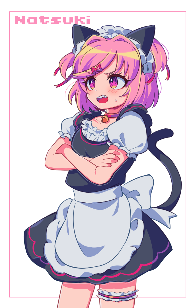 alternate_costume animal_ears annoyed apron bell bell_choker blush border cat_ears cat_tail character_name choker cowboy_shot crossed_arms doki_doki_literature_club enmaided eyebrows_visible_through_hair eyes_visible_through_hair fang garters hair_ornament hair_ribbon hairclip jingle_bell looking_away maid maid_headdress natsuki_(doki_doki_literature_club) open_mouth pink_eyes pink_hair puffy_short_sleeves puffy_sleeves red_ribbon ribbon sasakama_(sasagaki01) short_hair short_sleeves simple_background solo tail two_side_up v-shaped_eyebrows waist_apron white_background