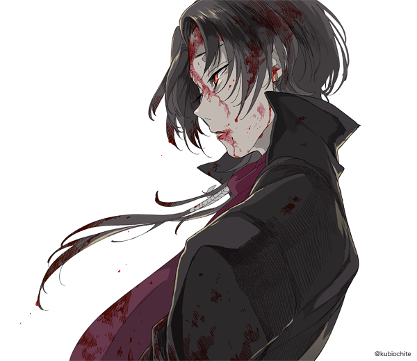 blood blood_on_face bloody_clothes bloody_hair brown_hair dalc_rose earrings jacket jewelry kashuu_kiyomitsu long_hair male_focus mole mole_under_mouth red_eyes scarf solo touken_ranbu twitter_username