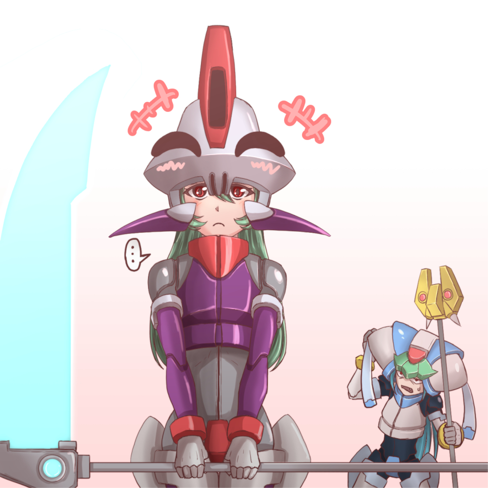 1boy 1girl abanasosu android armor gag green_hair helmet holding_staff pandora_(rockman) personality_switch prometheus red_eyes rockman rockman_zx scythe staff sweatdrop weapon white_background