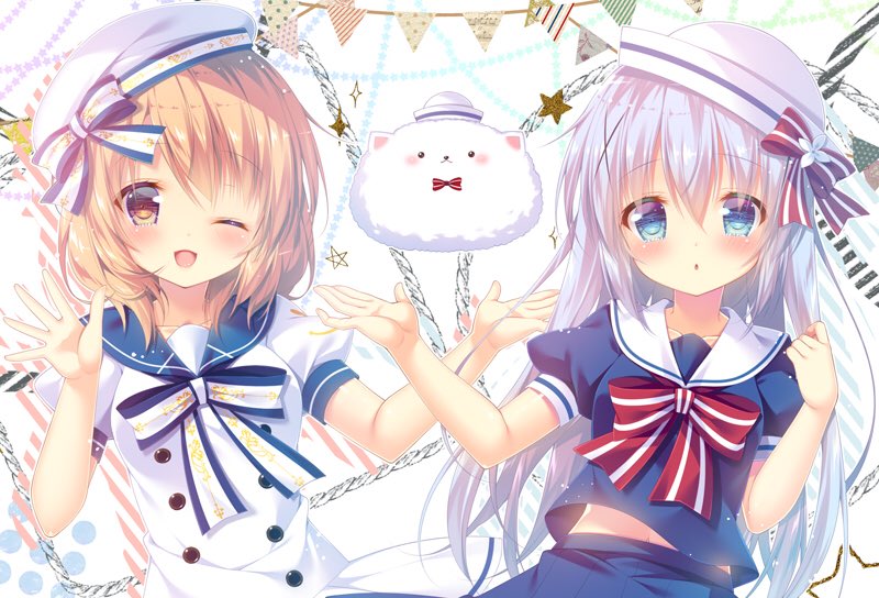 ;d angora_rabbit bangs belly_peek beret blue_eyes blue_hair blue_shirt blue_skirt blush bow bowtie bunny commentary double-breasted dress gochuumon_wa_usagi_desu_ka? hair_ornament hand_up hat hat_bow hoto_cocoa kafuu_chino light_blue_hair long_hair looking_at_viewer medium_hair mitsumomo_mamu multiple_girls neck_ribbon one_eye_closed open_mouth orange_hair red_bow red_neckwear ribbon rope sailor_dress sailor_hat shirt short_sleeves skirt smile sparkle star string_of_flags striped striped_bow striped_neckwear tippy_(gochiusa) white_hat white_shirt x_hair_ornament