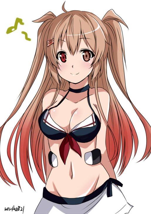 bare_shoulders bikini blush breasts brown_eyes brown_hair cleavage closed_mouth collarbone commentary eyebrows_visible_through_hair gradient_hair groin hair_ornament hairclip heterochromia hinase_(jet_hearts) humming kantai_collection long_hair looking_at_viewer lowleg_skirt medium_breasts multicolored_hair murasame_(kantai_collection) musical_note navel red_eyes red_hair remodel_(kantai_collection) simple_background smile solo spoken_musical_note swimsuit twitter_username two_side_up white_background