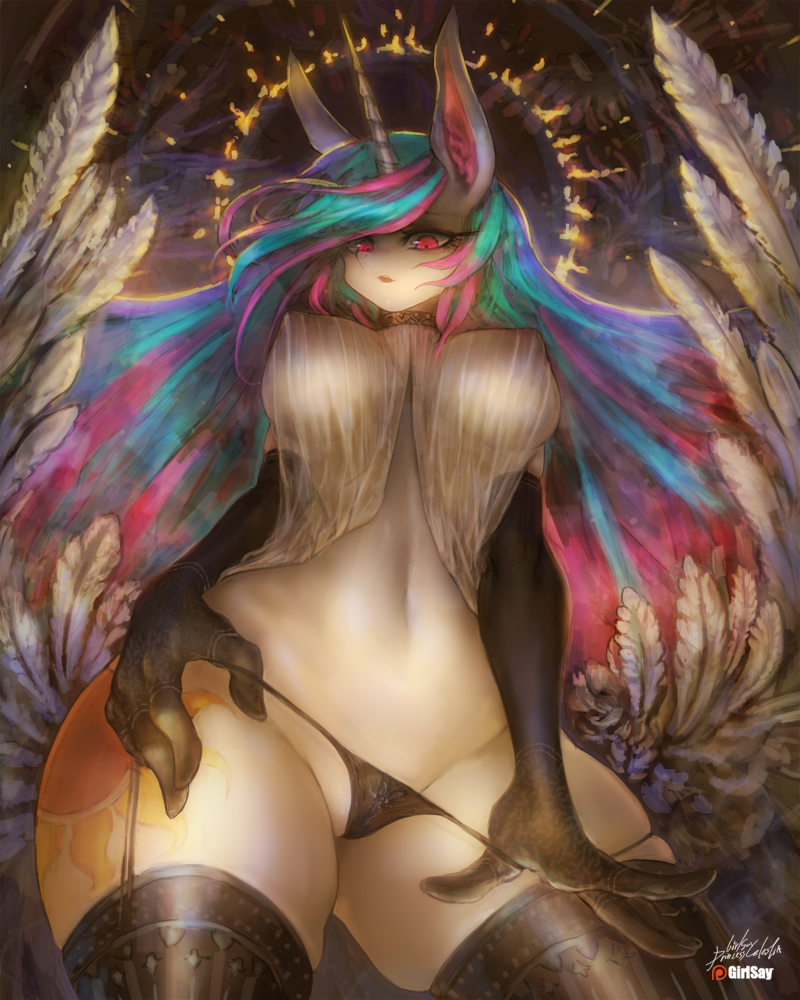 2017 5_fingers abstract_background anthro areola armwear big_breasts breasts choker clothed clothing cutie_mark elbow_gloves equine eyelashes feathered_wings feathers female friendship_is_magic girlsay gloves hair horn legwear long_ears long_hair looking_at_viewer looking_down low-angle_view mammal multicolored_hair my_little_pony navel open_mouth panties panty_pull portrait presenting princess_celestia_(mlp) purple_eyes rainbow_hair solo standing stockings thigh_highs three-quarter_portrait translucent transparent_clothing under_boob underwear white_feathers winged_unicorn wings