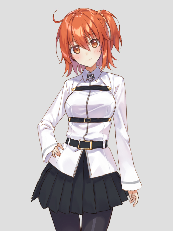 ahoge bangs belt black_legwear black_skirt blush breasts chaldea_uniform closed_mouth collared_shirt contrapposto cowboy_shot fate/grand_order fate_(series) fujimaru_ritsuka_(female) grey_background hair_ornament hair_scrunchie hand_on_hip jacket large_breasts long_sleeves looking_at_viewer one_side_up orange_eyes orange_hair orange_scrunchie pantyhose pleated_skirt rimo scrunchie shirt simple_background skirt smile solo standing thigh_gap white_jacket wing_collar