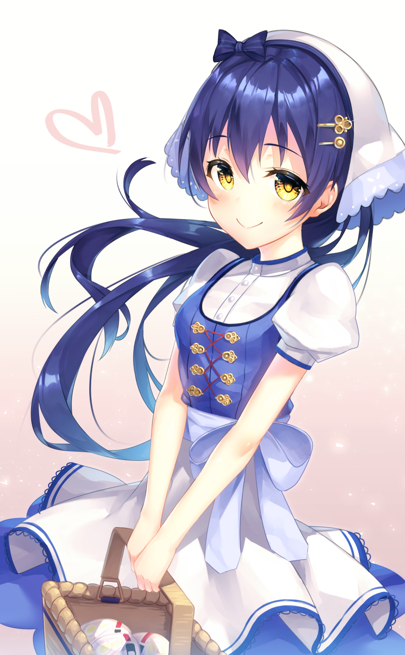 apron bangs basket blue_bow blue_dress blue_hair blue_shirt bow dark_blue_hair dress food hair_bow hair_ornament hairpin head_scarf heart highres holding holding_basket kyouou_ena long_hair looking_at_viewer love_live! love_live!_school_idol_festival love_live!_school_idol_project pinafore_dress sash shirt short_sleeves smile solo sonoda_umi white_apron yellow_eyes